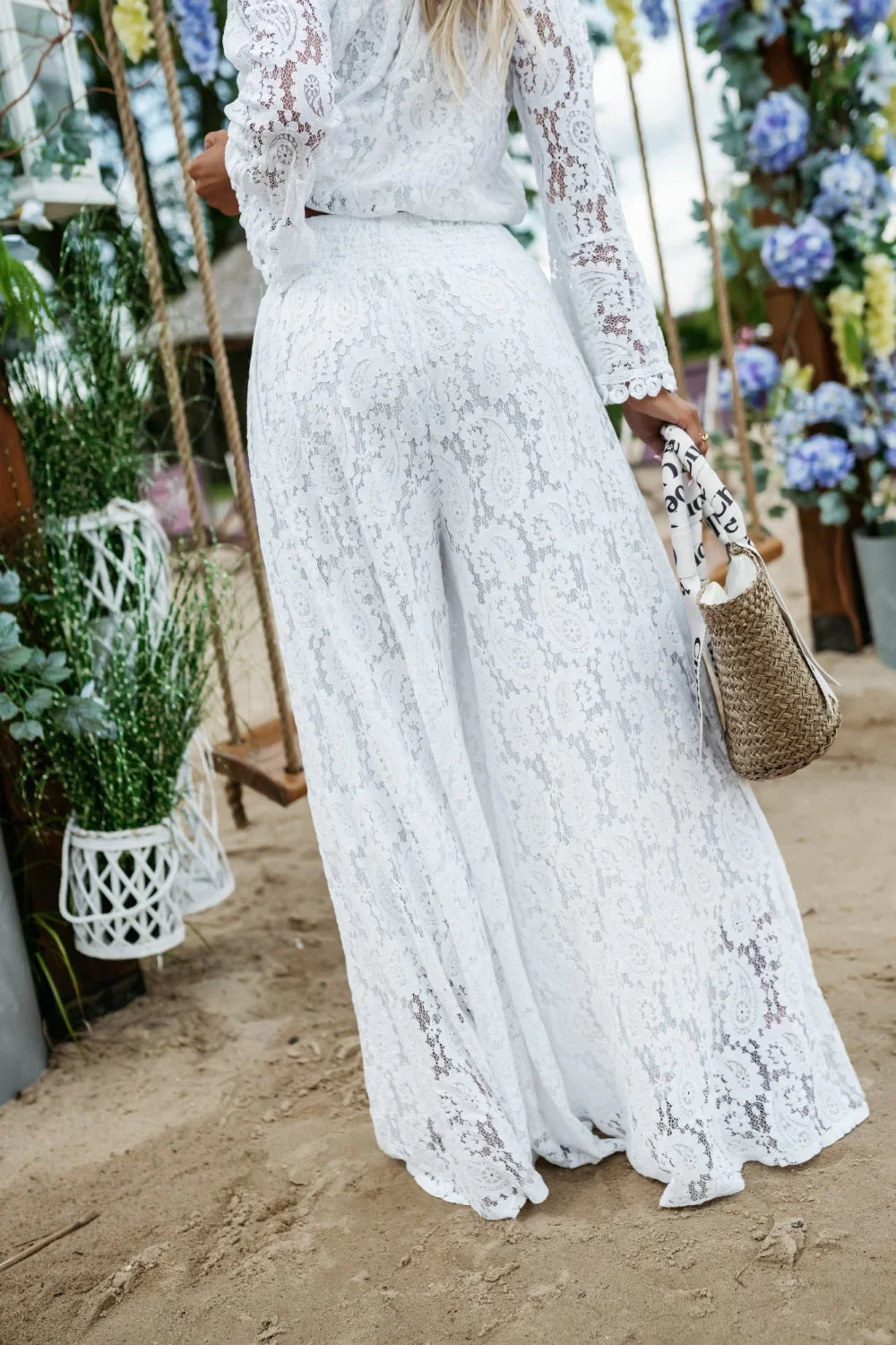 KOMPLET AŻUROWY SAINT TROPEZ BOHO TOP + SPODNIE BIAŁY