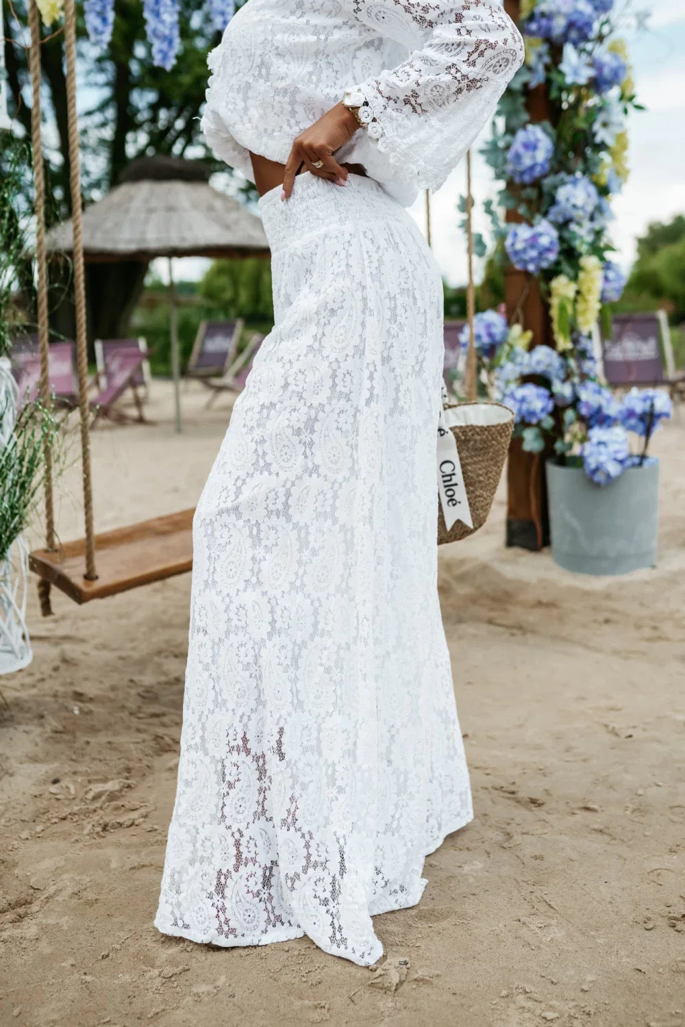 KOMPLET AŻUROWY SAINT TROPEZ BOHO TOP + SPODNIE BIAŁY