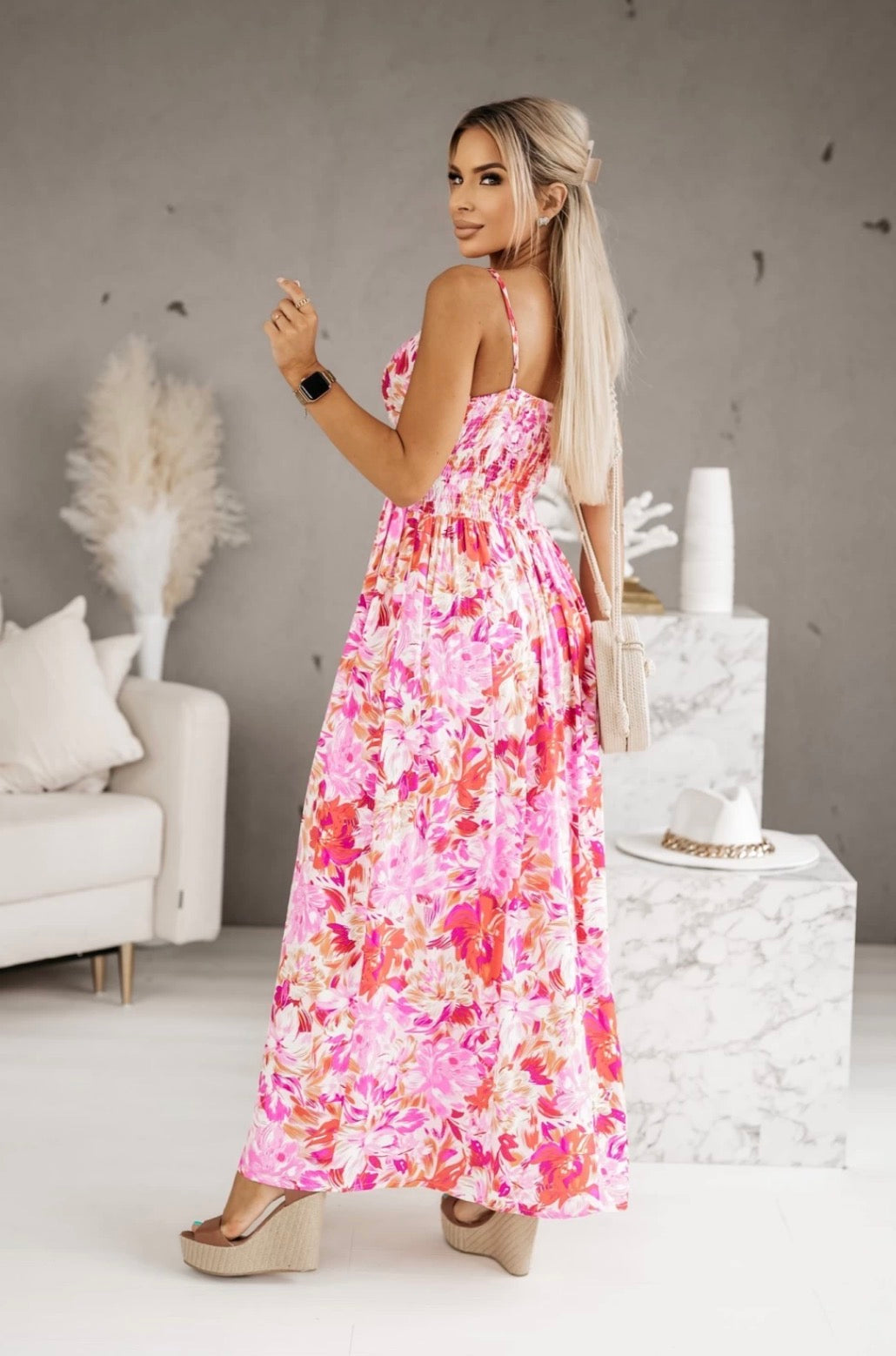 Mirevia Dress - Pink Floral Long