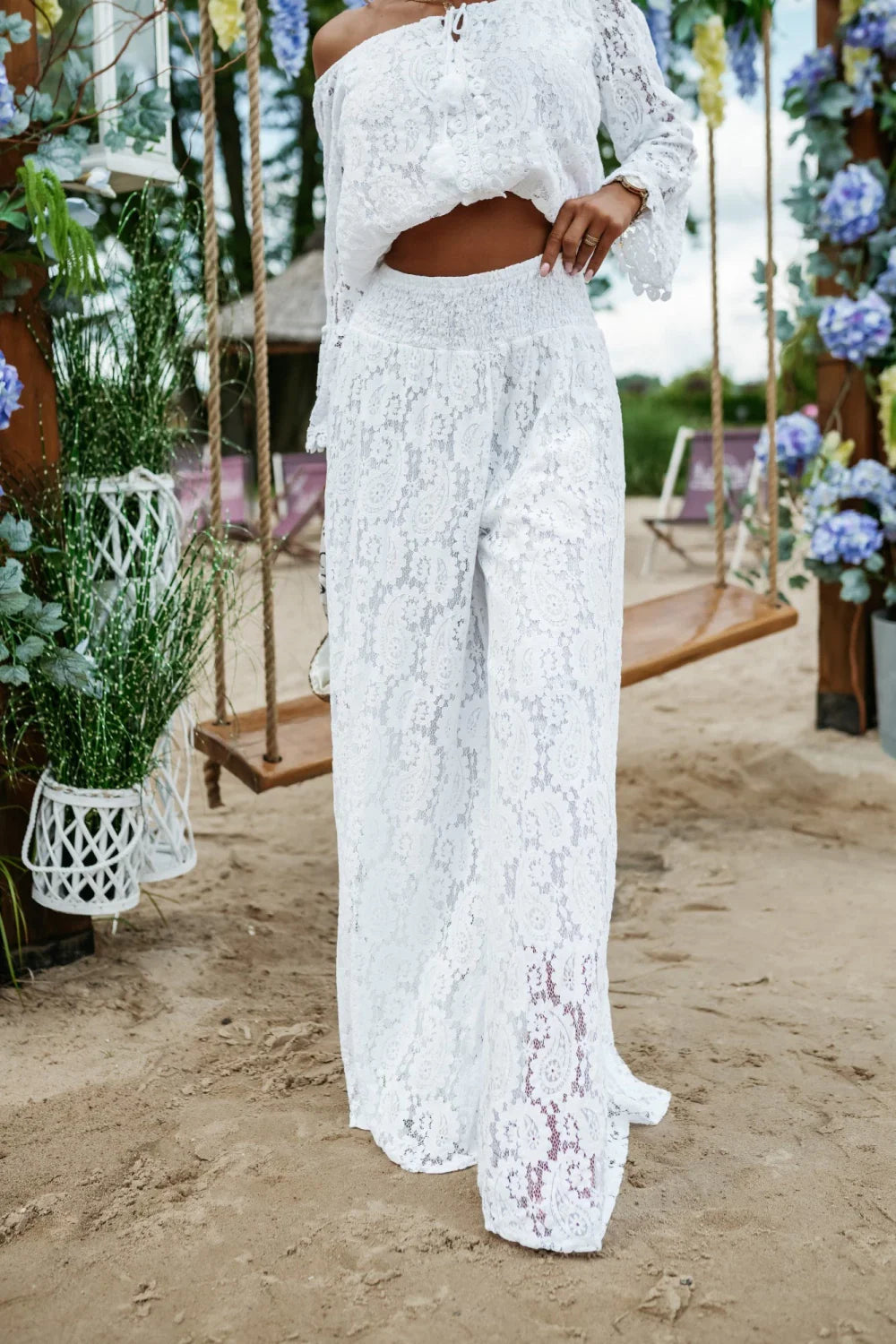 KOMPLET AŻUROWY SAINT TROPEZ BOHO TOP + SPODNIE BIAŁY